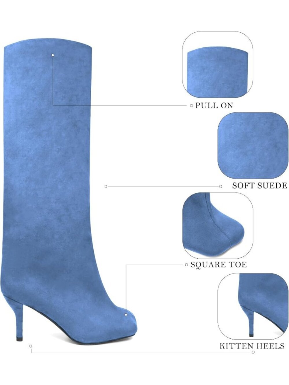 Women's Suede Knee High Boots Square Toe Blue Stiletto Heels Wide Calf Boot - Picture 4 of 6